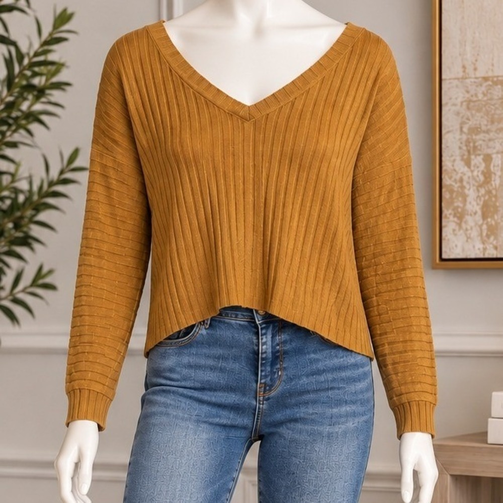 Hippie Rose Womens Top Mustard Yellow Ribbed V-Neck Knit Small